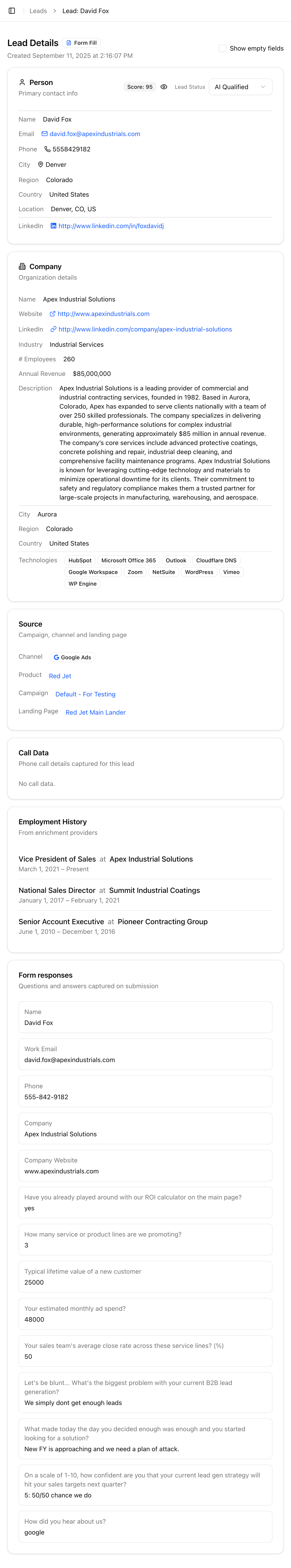 Lead detail dossier view